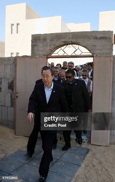 Secretary General of the United Nations, Ban Ki-moon, is shown around a UN funded housing project for displaced Palestinians, on March 21, 2010 in...