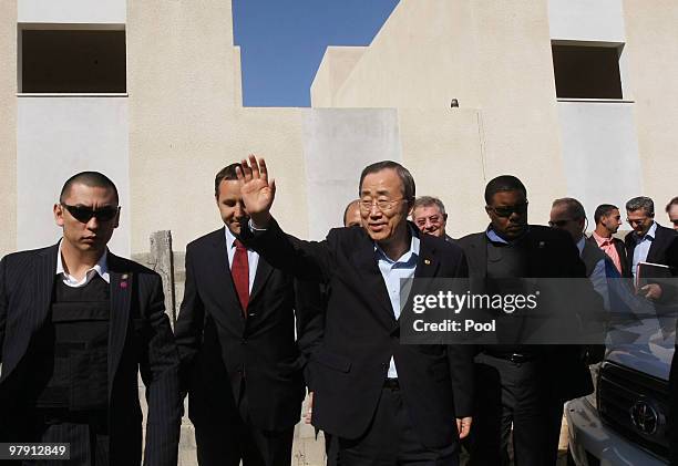 Secretary General of the United Nations, Ban Ki-moon, is shown around a UN funded housing project for displaced Palestinians, on March 21, 2010 in...