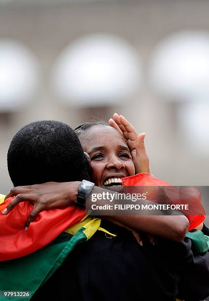 Ethiopian Firehiwot Dado Tufa celebrates after winning the 16th Rome Marathon 'Maratona di Roma' on March 21, 2010. AFP PHOTO / Filippo MONTEFORTE