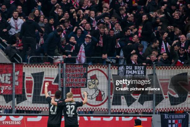 March 2018, Germany, Cologne: Soccer, Bundesliga, 1. FC Cologne vs. VfB Stuttgart at RheinEnergieStadion: Stuttgart's Andreas Beck celebrates the 3-1...