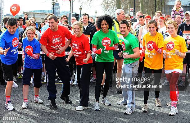 Soap stars take part in the Sainsbury's Sport Relief London Mile on March 21, 2010 in London, England.