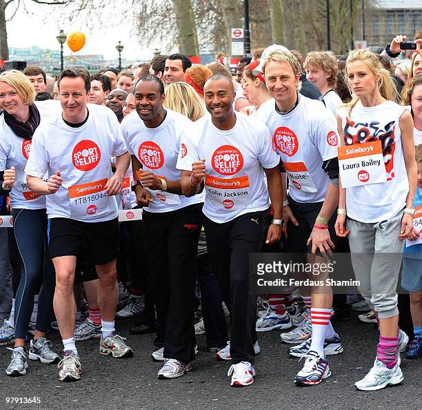 Jodie Kidd, David Cameron, Winston Squire, Colin Jackson, Ian Waite and Laura Bailey take part in the Sainsbury's Sport Relief London Mile on March...