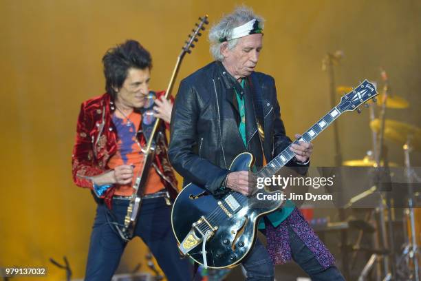 Ronnie Wood and Keith Richards of The Rolling Stones perform live on stage at Twickenham Stadium during the 'No Filter' tour, on June 19, 2018 in...