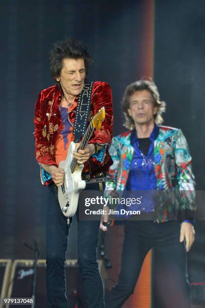 Sir Mick Jagger and Ronnie Wood of The Rolling Stones perform live on stage at Twickenham Stadium during the 'No Filter' tour, on June 19, 2018 in...