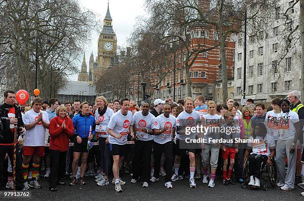 Eddie Izzard, Jodie Kidd, David Cameron, Winston Squire, Colin Jackson, Ian Waite and Laura Bailey take part in the Sainsbury's Sport Relief London...