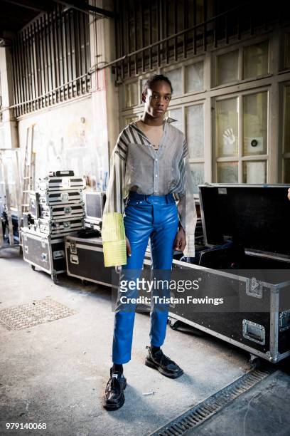 Model poses backstage prior the CMMN SWDN Menswear Spring Summer 2019 show as part of Paris Fashion Week on June 19, 2018 in Paris, France.