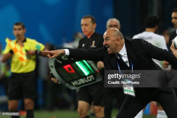 Head Coach Stanislav Cherchesov of the Russia national football team reacts during the 2018 FIFA World Cup match, first stage - Group A between...