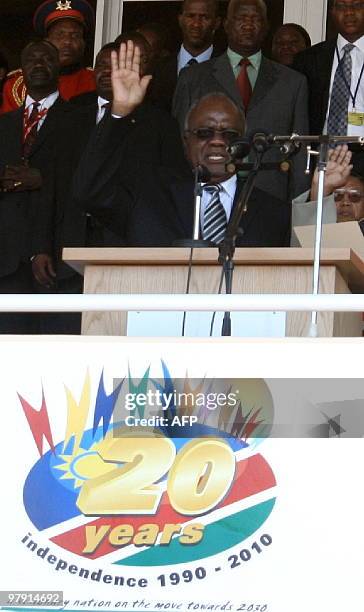 Namibian President Hifikepunye Pohamba speaks after being sworn in for a second and last term as head of state on March 21, 2010 at a packed sports...