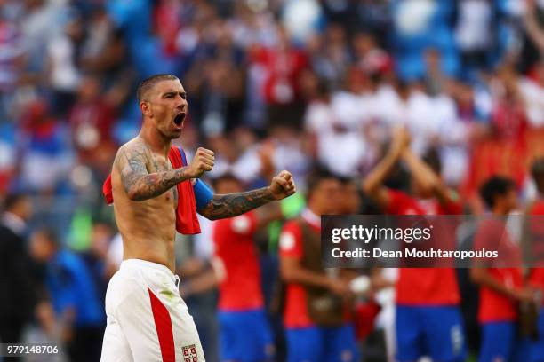 Captain, Aleksandar Kolarov of Serbia celebrates victory following the 2018 FIFA World Cup Russia group E match between Costa Rica and Serbia at...