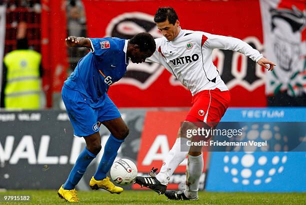 Marinko Miletic of Oberhausen in action with Godfried Aduobe of Karlsruhe during the Second Bundesliga match between RW Oberhausen and Karlsruher SC...