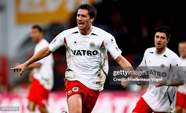 Ronny Koenig of Oberhausen celebrates scoring the first goal during the Second Bundesliga match between RW Oberhausen and Karlsruher SC at the...