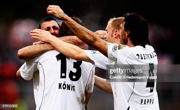 The team of Oberhausen celebrates scoring the first goal during the Second Bundesliga match between RW Oberhausen and Karlsruher SC at the...