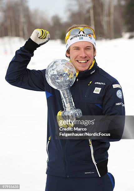 Emil Joensson of Sweden celebrates his success in the Sprint World Cup after the 15 km handicap men Cross Country Skiing during the FIS World Cup on...