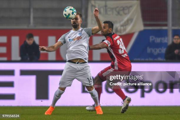 March 2018, Germany, Ingolstadt, Soccer, Second Bundesliga, FC Ingolstadt 04 vs. VfL Bochum at Audi sports park: Bochum's Lukas Hinterseer and...