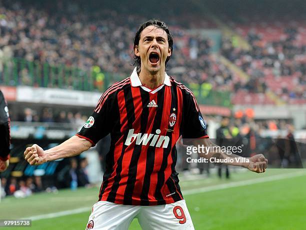 Filippo Inzaghi of AC Milan after scoring an equalising goal during the Serie A match between AC Milan and SSC Napoli at Stadio Giuseppe Meazza on...