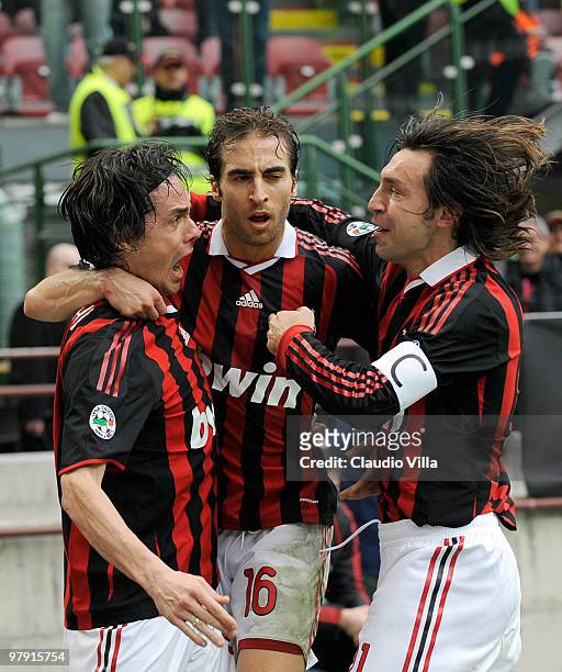 Filippo Inzaghi, Mathieu Flamini and Andrea Pirlo of AC Milan celebrate after the first goal during the Serie A match between AC Milan and SSC Napoli...