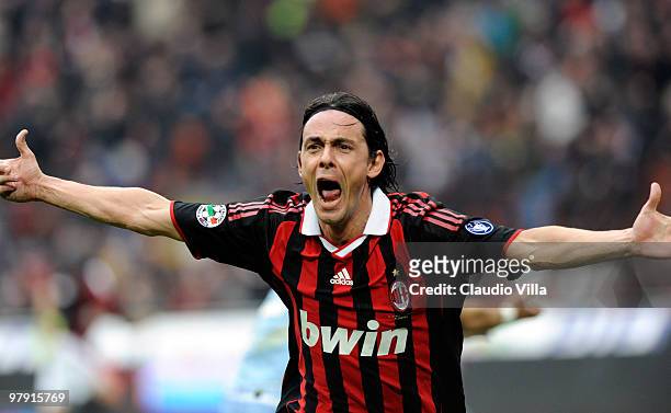 Filippo Inzaghi of AC Milan celebrates after the first goal during the Serie A match between AC Milan and SSC Napoli at Stadio Giuseppe Meazza on...