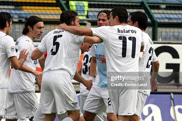 Tommaso Rocchi of Lazio is congratulated after scoring the first goal during the Serie A match between Cagliari Calcio and SS Lazio at Stadio...