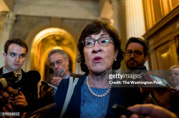 Senator Susan Collins speaks to journalists after the weekly Senate policy luncheon on Capitol Hill in Washington, DC on Tuesday April 24, 2018.