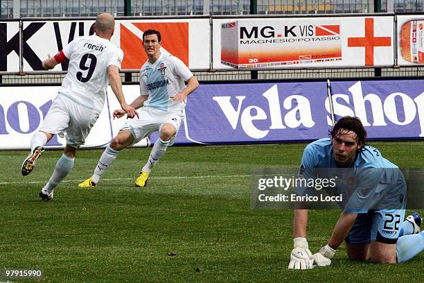 Tommaso Rocchi of Lazio celebrates the goal during the Serie A match between Cagliari Calcio and SS Lazio at Stadio Sant'Elia on March 21, 2010 in...