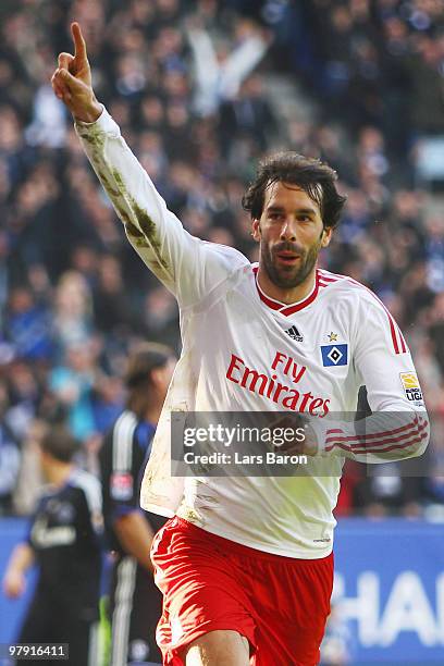 Ruud van Nistelrooy of Hamburg celebrates after scoring his team's first goal during the Bundesliga match between Hamburger SV and FC Schalke 04 at...
