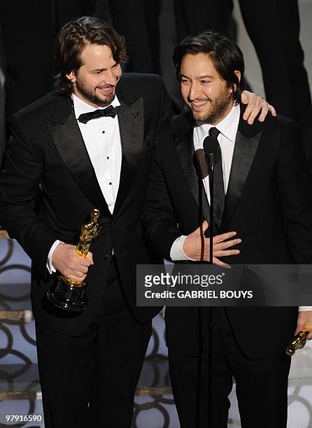 Winner for Writing Mark Boal for "The Hurt Locker" and producer for "The Hurt Locker" Greg Shapiro give their acceptance speech at the 82nd Academy...