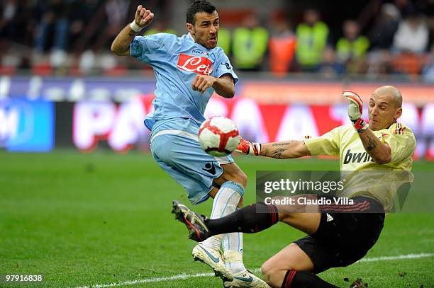 Goalkeeper Christian Abbiati of AC Milan in action against Fabio Quagliarella of SSC Napoli during the Serie A match between AC Milan and SSC Napoli...