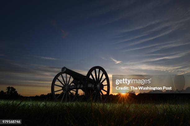 Cannon is seen at sunrise at the Manassas National Battlefield Park on Friday June 15, 2018 in Manassas, VA. This area saw fighting during the Battle...