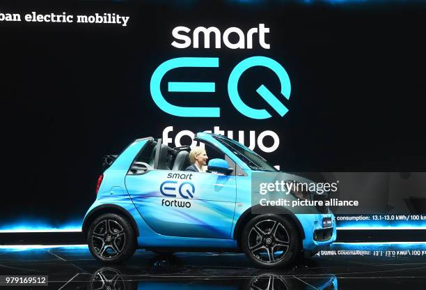 March 2018, Switzerland, Geneva: The electric Smart EQ fortwo Cabrio being presented during the first press day of the Geneva Motor Show. The 88th...