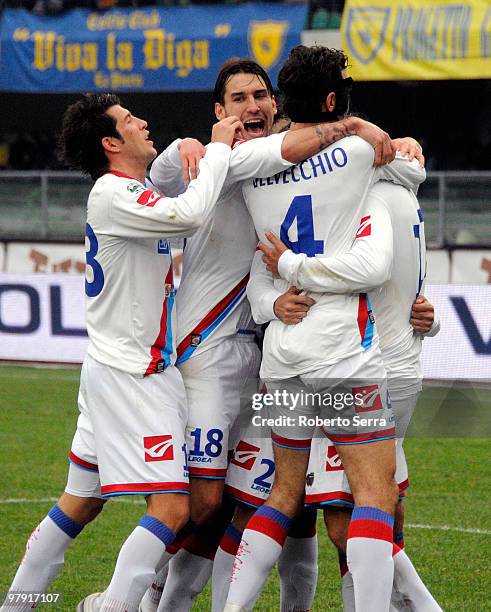 Maxi Lopez of Catania celebrate during the Serie A match between AC Chievo Verona and Catania Calcio at Stadio Marc'Antonio Bentegodi on March 21,...