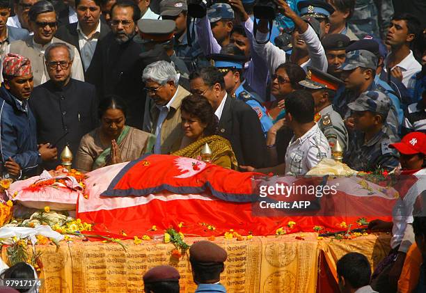 Indian Speaker of Lok Sabha Meira Kumar pays her last respects to Nepali Congress party president and former prime minister Girija Prasad Koirala in...