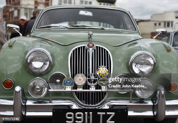 Front view of a Jaguar MK2 2.4 radiator with an old chrome AA badge on display during the Southend Classic Car Show along the seafront on June 17,...