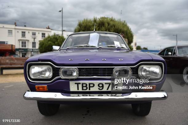 Front view of a Ford Escort MK1 radiator grill on display during the Southend Classic Car Show along the seafront on June 17, 2018 in Southend on...