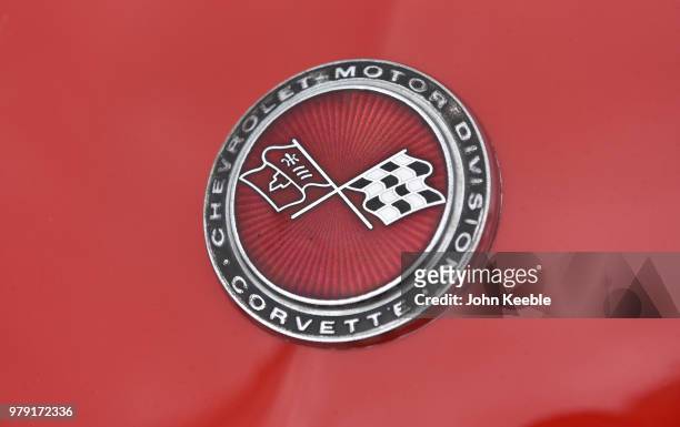 Bonnet badge on a Chevrolet Corvette Stingray on display during the Southend Classic Car Show along the seafront on June 17, 2018 in Southend on Sea,...