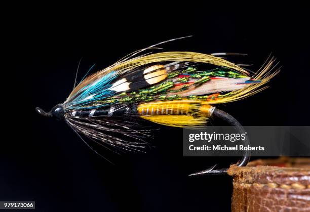 jock scott salmon fly on black background - fly fishing fotografías e imágenes de stock