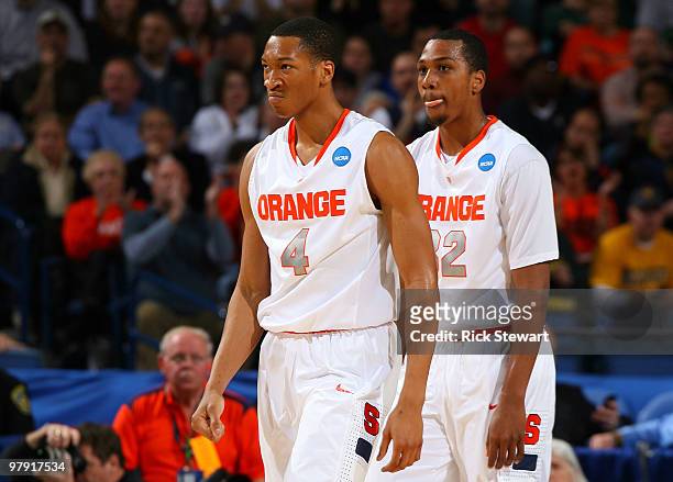 Wes Johnson and Kris Joseph of the Syracuse Orange look on against the Gonzaga Bulldogs during the second round of the 2010 NCAA men's basketball...