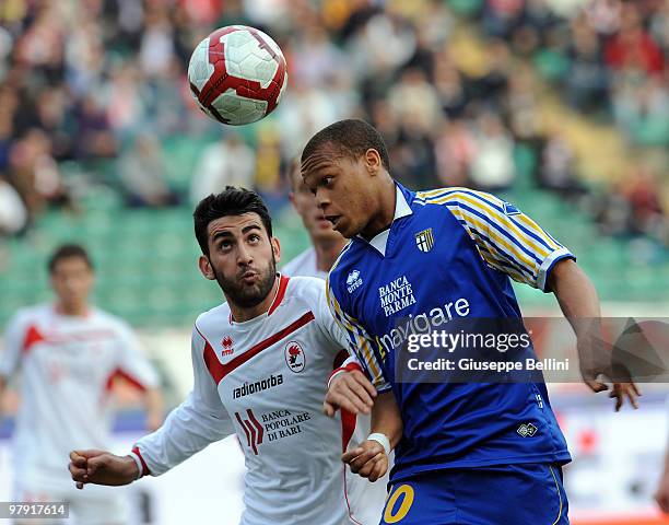 Nicola Belmonte of Bari and Ludovic Biabiany of Parma in action during the Serie A match between AS Bari and Parma FC at Stadio San Nicola on March...