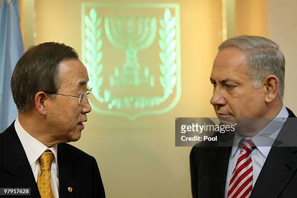 United Nations Secretary General Ban Ki-Moon meets with Israeli Prime Minister Benjamin Netanyahu in the Israeli leader's Jerusalem offices on March...