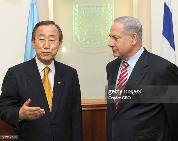 In this handout image supplied by the Israeli Government Press Office , United Nations Secretary General Ban Ki-Moon meets with Isralei Prime...