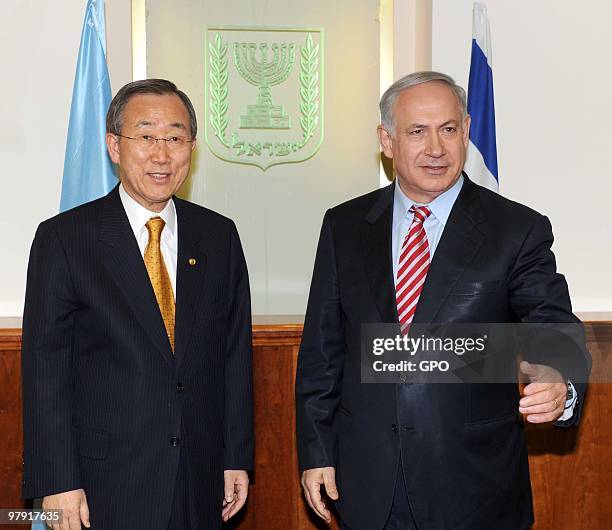 In this handout image supplied by the Israeli Government Press Office , United Nations Secretary General Ban Ki-Moon meets with Isralei Prime...