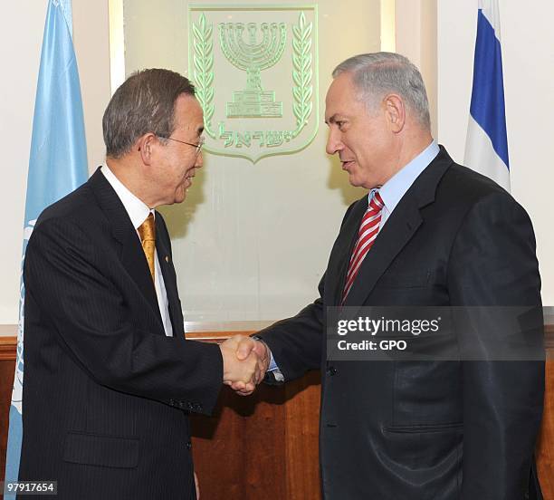 In this handout image supplied by the Israeli Government Press Office , United Nations Secretary General Ban Ki-Moon meets with Isralei Prime...