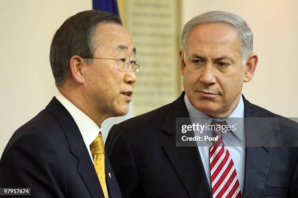 United Nations Secretary General Ban Ki-Moon meets with Israeli Prime Minister Benjamin Netanyahu in the Israeli leader's Jerusalem offices on March...