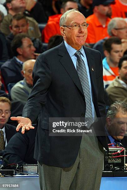Head coach Jim Boeheim of the Syracuse Orange gestures from the benchh against the Gonzaga Bulldogs during the second round of the 2010 NCAA men's...