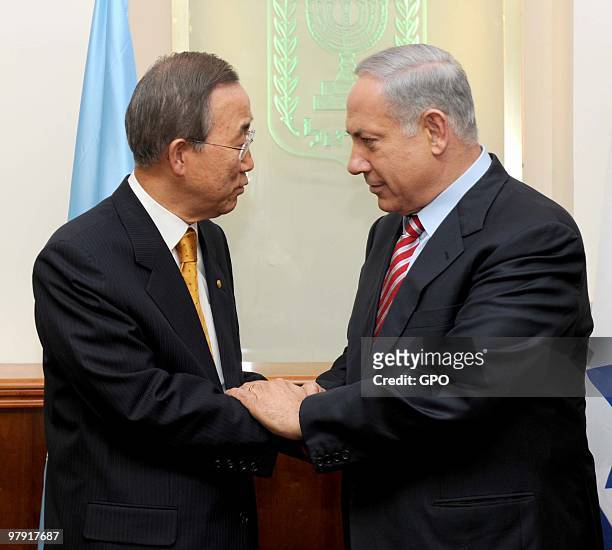In this handout image supplied by the Israeli Government Press Office , United Nations Secretary General Ban Ki-Moon meets with Isralei Prime...
