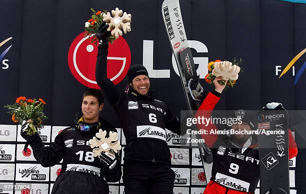 Matthew Morison of Canada takes second place, Jasey-Jay Anderson of Canada takes first place, and Andreas Prommegger of Austria takes third place...