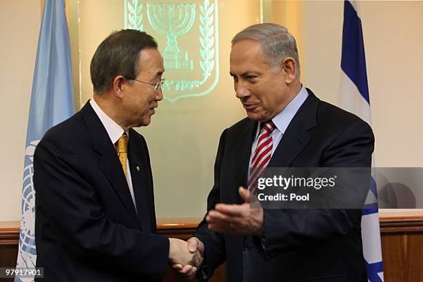 United Nations Secretary General Ban Ki-Moon meets with Israeli Prime Minister Benjamin Netanyahu in the Israeli leader's Jerusalem offices on March...