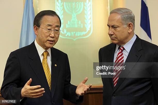 United Nations Secretary General Ban Ki-Moon meets with Israeli Prime Minister Benjamin Netanyahu in the Israeli leader's Jerusalem offices on March...