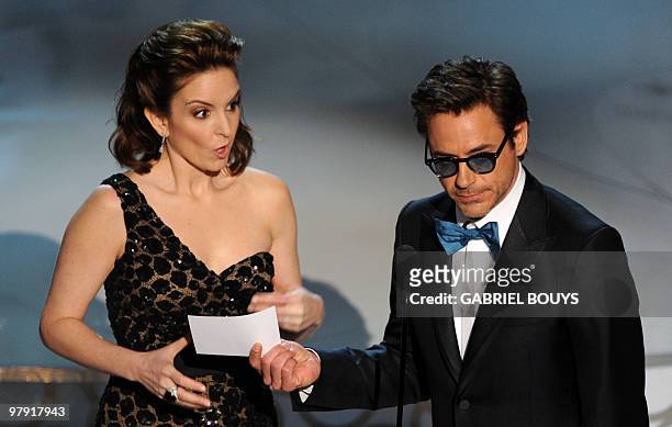 Actress Tina Fey and actor Robert Downing Jr. Introduce the best Original Screenplay and at the 82nd Academy Awards at the Kodak Theater in...