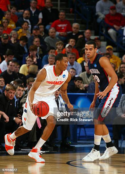 Elias Harris of the Gonzaga Bulldogs defends against Wes Johnson of the Syracuse Orange during the second round of the 2010 NCAA men's basketball...