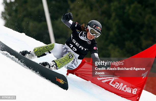 Ina Meschik of Austria takes third place during the LG Snowboard FIS World Cup Women's Parallel Giant Slalom on March 21, 2010 in La Molina, Spain.